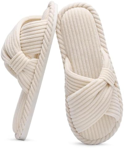 Evshine Summer House Slippers for Women Corduroy Cross Bow Indoor Slippers Open Toe Slip On Bedroom Shoes with Memory Foam