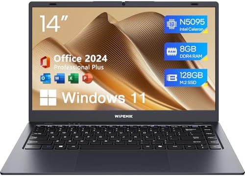 WIPEMIK Laptop Computer, 8GB RAM, 128GB SSD, Quad-Core N5095 Processor Laptop, 14" HD Display Laptops, Support WiFi 5, Bluetooth 5.0, USB 3.0, Webcam, Pre-Installed Office Pro Plus 2024