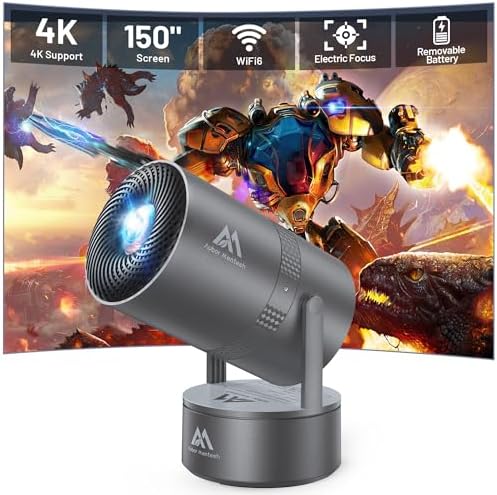[Built-in Battery] Mini Projector with Wifi and Bluetooth, 4K 1080P Supported 270° Rotatable 150'' Screen Auto Keystone Home Outdoor Portable Smart Projector for Phone\/TV\/Laptop\/HDMI, Iron 