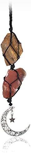 BOHO GARDEN Hanging Car Charm - Tiger's Eye &amp; Carnelian - Dangling Moon, Healing Crystal Accessories, Rearview Mirror Decorations - Courage, Harmony, Resilience, Transformation, Joy of Life, E
