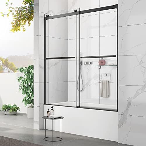Sunrosa Tub Shower Door 60"×60", Double Sliding Bathtub Door, Frameless Tub Door with Tempered Glass, Glass Shower Door for Bathtub in Matte Black II