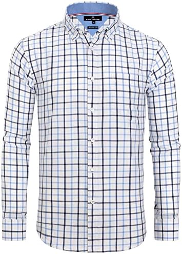 Alimens &amp; Gentle Men's Plaid Button Down Shirts Cotton Long Sleeve Dress Shirts Regular Fit Gingham Shirts