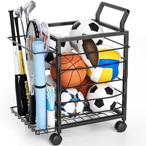 DUDUXI Sports Equipment Organizer Rolling Ball Storage Cart Garage Toy Storage Ball Holder Garage Organizer Sport Rack with Side Bracket for Basketball,Football, Garage, Gym