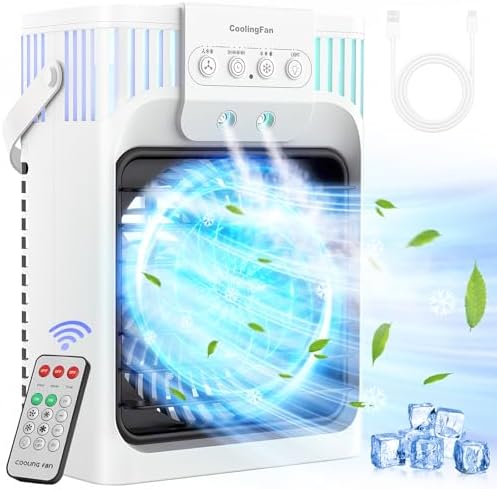 FZBPI Portable Air Conditioner Cooling Fan with Remote, Quiet with 3 Speeds, 1200ml Evaporative Personal Air Cooler Fan with 3 Mist, 7 Night Light, 8H Timer, Small Air Conditioner for Bedroom Office