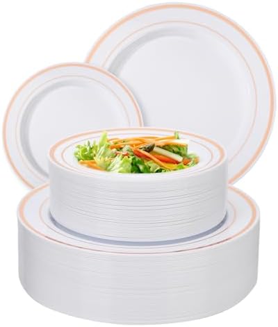 Glowserve 100PCS Rose Gold Plastic Plates Disposable Heavy Duty Include 50PCS 10.25inch Dinner and 50PCS 7.5inch Dessert Plastic Plates for Party Wedding Anniversary New Year