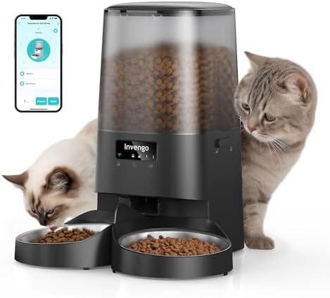 Invengo Automatic Cat Feeder - Cat Food Dispenser for 2 Cats MeowServe S20D, Auto Dog Feeder with Stainless Steel Bowls, 5L Pet Feeder with Patented Anti-Jam Port, App, Dual Lock Lid &amp; 2.4G\/5G Wi