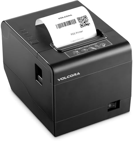 Volcora Thermal Receipt Printer, 80mm POS Printer w\/Auto Cutter, USB\/Ethernet Interface for Windows\/MAC\/Linux, ESC\/POS Command Support Cash Drawer, High Speed Kitchen Printer, Wall Mount (Black)