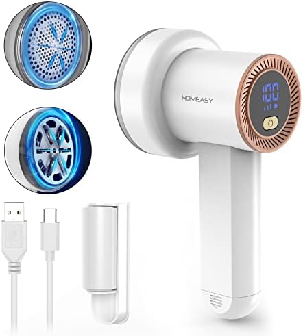 Fabric Shaver Fuzz Remover Rechargeable, HOMEASY Electric Lint Remover Shaver with 3 Blades &amp; LED Digital Display, Sweater Couch Fabric Pill Shaver for Sweater, Couch, Furniture (White)