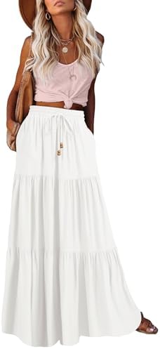HAEOF Women's Summer Boho Maxi Skirt A-Line Flowy Ruffle Tiered Elastic High Waist Beach Long Skirts with Pockets