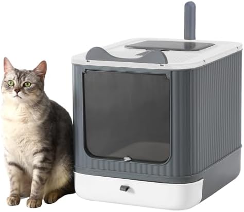 Foldable Cat Litter Box, Fully Enclosed Litter Box with Lid, Covered Kitty Kitten Litter Boxes Enclosure with Scoop, Odor Control, Easy to Clean, 3 Modes for Cat up to 12 lbs(White&amp;Grey)