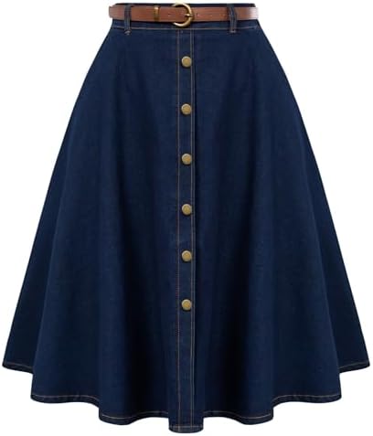 Belle Poque Women's Denim Skirts Vintage Below Knee Length High Waist A-Line Jean Skirts with Pockets