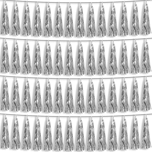 4P Silver Foil Fringe Metallic Tassel Streamers Banner Tassel Garland for Parade Floats, Bachelorette, Wedding, Birthday, Halloween, Christmas, Bridal\/Baby Shower Party Decorations