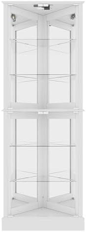 BELLEZE Lighted Accent Corner Display Curio Cabinet with Tempered Glass Doors and Shelves, Classic Wood Cabinet w\/Bulb, Corner Curio Storage Rack for Living Room, Bed-Room and Kitchen (White)