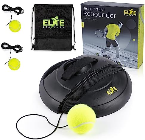 Elite Trainer Tennis Rebound Ball Set  Heavy Duty Power Base, No Filling Required  Three Tennis Balls, Long Elastic Rope, and Drawstring Bag  Premium Solo Training Equipment for Any Skill Level