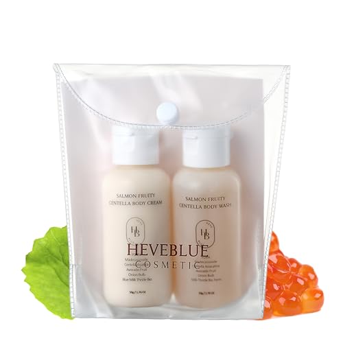 HEVEBLUE Salmon Fruity Centella Body Travel Kit - Body Cream &amp; Body Wash Set, Sensitive Skin, Korean Bodycare, Hypoallergenic, Allergen-free, Salmon PDRN, Travel Size, Bodycare Set