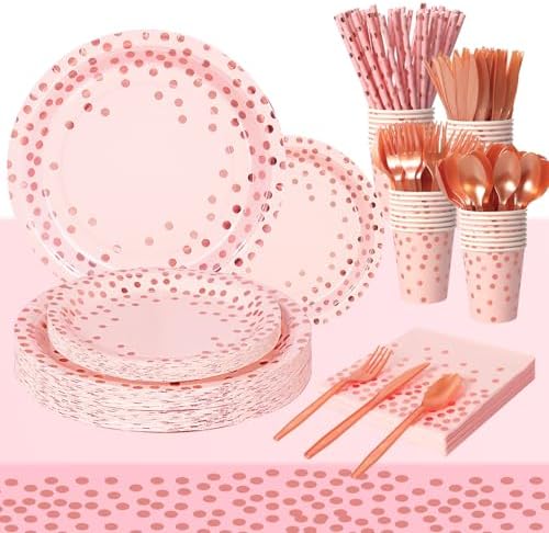 Nkaiso Pink and Rose Gold Party Supplies, 193 Pieces Party Dinnerware Set Includes Party Paper Plates Cups Napkins Straws and Silverware for Birthday Wedding Babyshower Parties Decorations-24 Guests