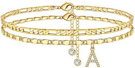 Ursteel Ankle Bracelets for Women, 14K Gold Plated Dainty Layered Chain CZ Initial Anklets Set Summer Jewelry Gifts for Women