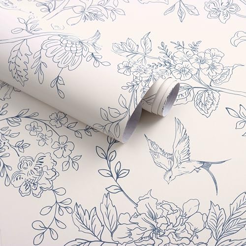 Froluya Cream White and Blue Floral Wallpaper Peel and Stick Wallpaper 17.7"x118.1" Vintage Floral Peel and Stick Wall Paper Removable Boho Self Adhesive Contact Paper for Bedroom Bathroom Vin