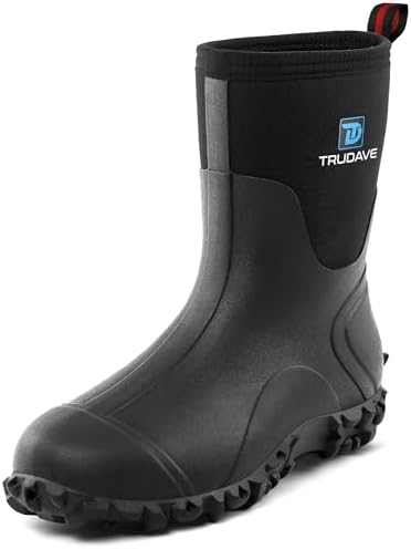 Trudave Rubber Boots for Men, 6mm Neoprene Insulated Mud Boots with Steel Shank, Men's Mid Calf Waterproof Rain Boots,Anti-Slip Rubber Work Boots for Farming Gardening Fishing,Size 7-13
