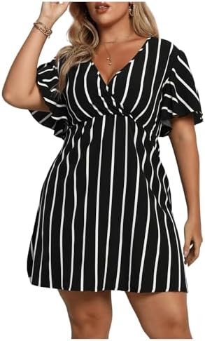 Floerns Women's Plus Size Striped Print Wrap V Neck Short Sleeve A Line Dress
