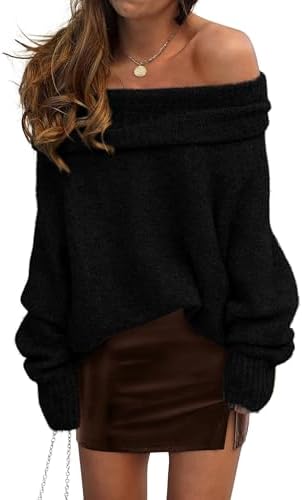 PRETTYGARDEN Women's Off The Shoulder Sweater Long Sleeve Tops 2025 Fall Loose Knit Pullover Sweaters Winter Clothes