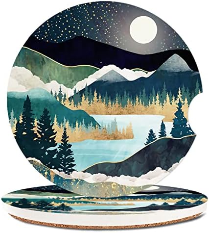 2 Pack Absorbent Car Coasters for Cup Holders,Ceramic Coasters with Cork Back and Finger Slot,Cool Cupholder Accessories to Keep Your Car Cup Holders Clean and Dry 2.56"(Mountains Nature Scenery)