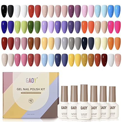 GAOY 42 Pcs Gel Nail Polish Kit, Pink White Red Jelly Nude Colors All Seasons Gel Nail Polish Set with Glossy &amp; Matte Top Coat and Base Coat for Salon and DIY Manicure at Home