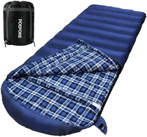 POEPORE 0 Degree Sleeping Bag 100% Cotton Flannel XXL Cold Weather Winter Oversized Sleeping Bag for Adults Camping Zero Degree Big and Tall with Compression Sack