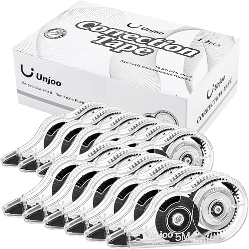Unjoo White Correction Tape, Easy To Use Applicator for Instant Corrections Wrong Writing At Any Time, For school, Office (12pack, 5M\/196" x 0.2", Black)