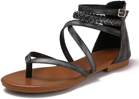 Lucky Bird Women's Summer Strappy Flat Sandals Casual Gladiator Shoes Open Toe Sparkly Crossover Straps Dressy Fisherman Thong Sandals for Walking Beach Vacation