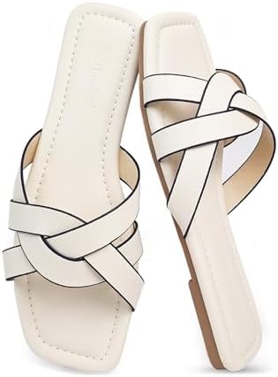 TtandZed 2025 Women's Flat Sandals - Braided Square Toe Fashion Slide Sandals, Comfortable Leather Slip On Slippers for Summer Size 6-11