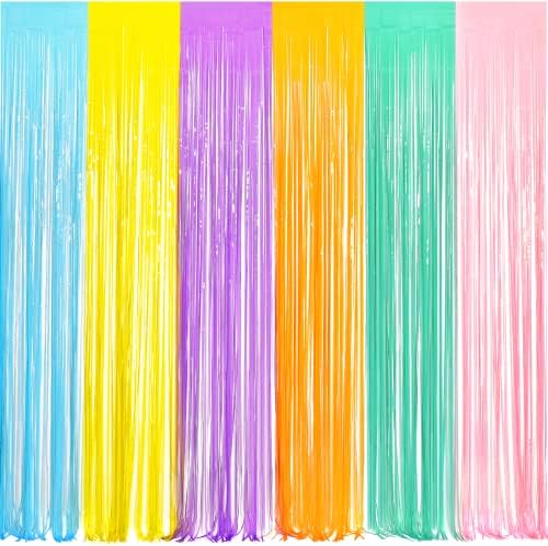 BRAVESHINE Tinsel Foil Fringe Curtains - 2Pcs 3.2x8.2ft Pastel Colourful Photo Backdrop for Sweet Birthdays Easter Bunny Bridal Shower Fairy Kids Candy Donut Party Decorations