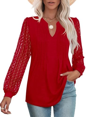 Micoson Womens Lace Long Sleeve Tops V Neck Pleated Blouses Dressy Casual Work Shirts