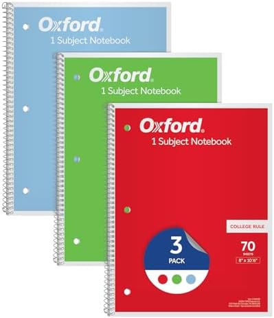 Oxford single subject notebook, school notebook, 8 x 0.5 inches (approximately 0 X 6.9 cm), college rules, 70 sheets, various primary colors, packaging, colors may vary (00679)