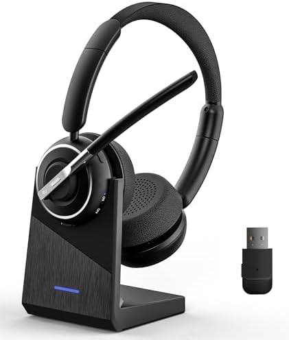 Wireless Headset, Bluetooth Headset with AI Noise Cancelling Mic, Bluetooth V5.2 Headphones with USB Dongle, Charging Base &amp; Mic Mute for PC\/Cell Phones\/Call Center (Black)