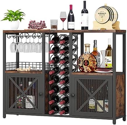 Homeiju Mini Bars for Home, Wooden Coffee Bar Cabinet, Modern Liquor Cabinet for Liquor and Glasses, Farmhouse Buffet Wine Cabinet with Storage Sideboard for Home Kitchen Dining Room