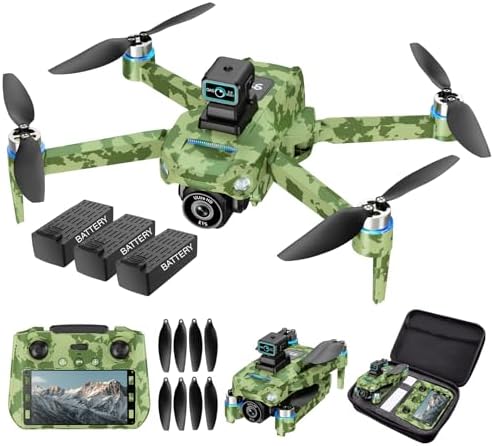 mcokoe GPS Drone with 5.9 Inch Screen controller, Dual Camera, GPS Positioning, One-key Return, Water Flow Mode, Obstacle Avoidance, Stable Flying, Emergency Stop, Army Green Tri-battery version
