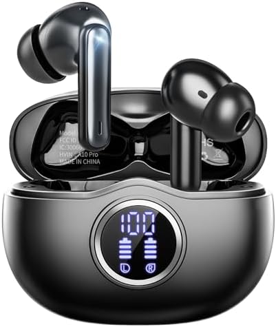 A10 Pro Wireless Earbuds, Bluetooth Headphones HiFi Stereo 50H Playback LED Digital Display Ear Buds with 10 Meter Bluetooth Connection, IPX7 Waterproof Earphones for Gym\/Running\/Work - Black