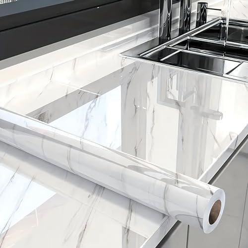 PeonyQueen Glossy Marble Contact Paper White Peel and Stick Wallpaper Marble Wallpaper Self-Adhesive Removable 15.7"x78.7" Wall Paper for Cabinets Bathroom Waterproof Wallpapers Modern Decorat