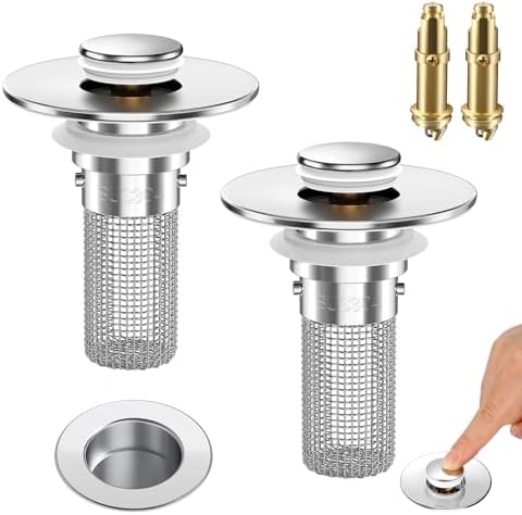 2 bathroom sink plug filters, pop-up bathroom sink drain filter with detachable stainless steel filter basket, universally suitable for American bathroom sinks, bathtubs, showers, and floor drains