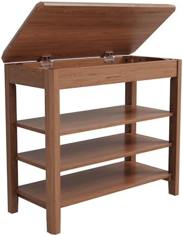 IUNVR Shoe Rack Bench Seat Rubberwood 3-Tier Wooden Storage Bench 550lbs Compact Mid-Century Modern Design for Entryway, Hallway, Closet, Front Door Entrance, Foyer