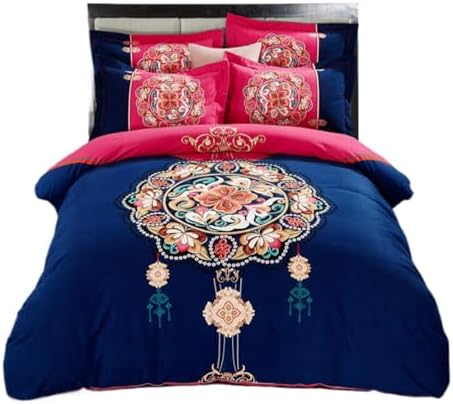 JUxiangW1397 New Chinese Ethnic Style Cotton Thickened Woolen 4Piece Quilt Cover Set Four Piece Set 1.8m Bed Double Cotton Comfort Cover Set, Bedding Set 2.0