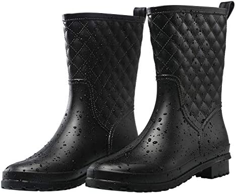 Petrass Women Rain Boots Black Waterproof Mid Calf Lightweight Cute Booties Fashion Out Work Comfortable Garden Shoes