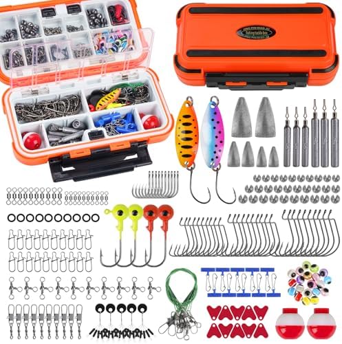 THKFISH 210pcs Fishing Accessories Kit, Double-layer Organized Fishing Tackle Box with Tackle Included Fishing Hooks, Weights Sinkers, Bass Trout Fishing Gear