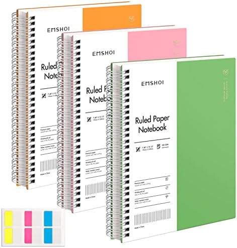 EMSHOI Spiral Notebook College Ruled, 3 Pack 7.48" x 10.15" B5 Large Composition Notebooks, 480 Pages 100gsm Thick Lined Journal, with Sticky Notes, Plastic Hardcover, Orange, Green, Pink
