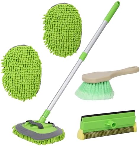GIANT BEAR Car Wash Brush with Long Handle, 42.9" Microfiber Chenille Mitt Not Hurt Paint Scratch Free Aluminum Alloy Cleaning Tool -4 in 1,Glass Window Scrabber Detail Wheel Brush