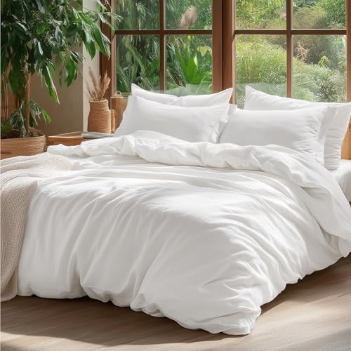 Bedsure 100% Washed Cotton Duvet Cover Queen Size - Natural White Minimalist Duvet Cover for All Seasons - GentleSoft™ Plain Simple Cotton Bedding, 3 Pieces (Natural White, Queen, 90"x90")