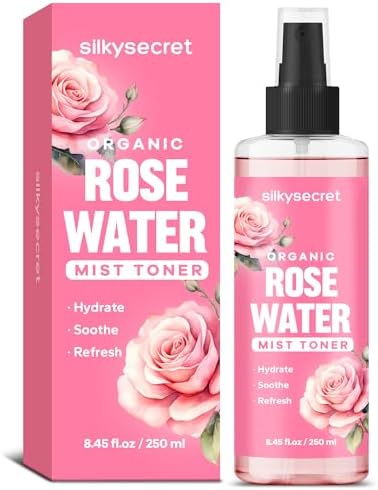 SilkySecret Organic Rose Water Spray (8.45 Fl Oz), Rosewater Spray for Face &amp; Hair, Rose Water for Skin Care