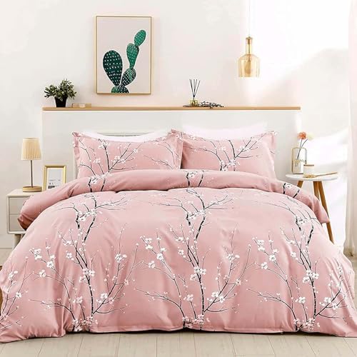 WONGS BEDDING Floral Duvet Cover Set King, Pink Flower Plum Pattern Comforter Cover Set with 2 Pillowcases 3 Pieces Botanical Bedding Set with Zipper Closure for Kids 90"x103"(Not Comforter)