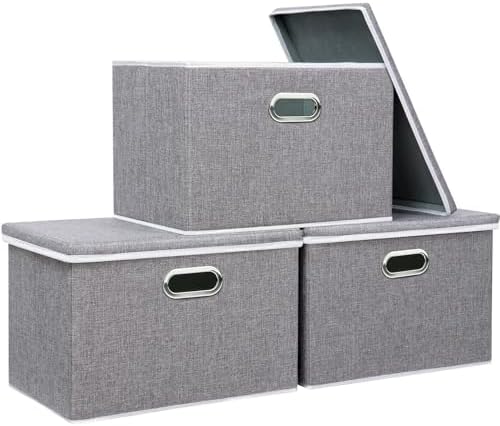 Yawinhe Fabric Storage Bins with Lids, Collapsible Boxes with 2 Metal Handles, Waterproof Cube Organizer Basket, Gray, 17.3''Lx11.8''Wx11.8''H, 3-Pack